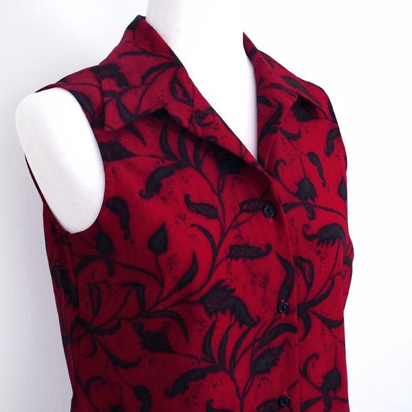 Vintage Deep Red Sleeveless Blouse Rayon, Floral Print - Picture 4 of 5